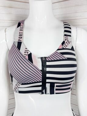 Victoria’s Secret Knockout Front Zip Sports Bra Geometric Bold Stripe 34C